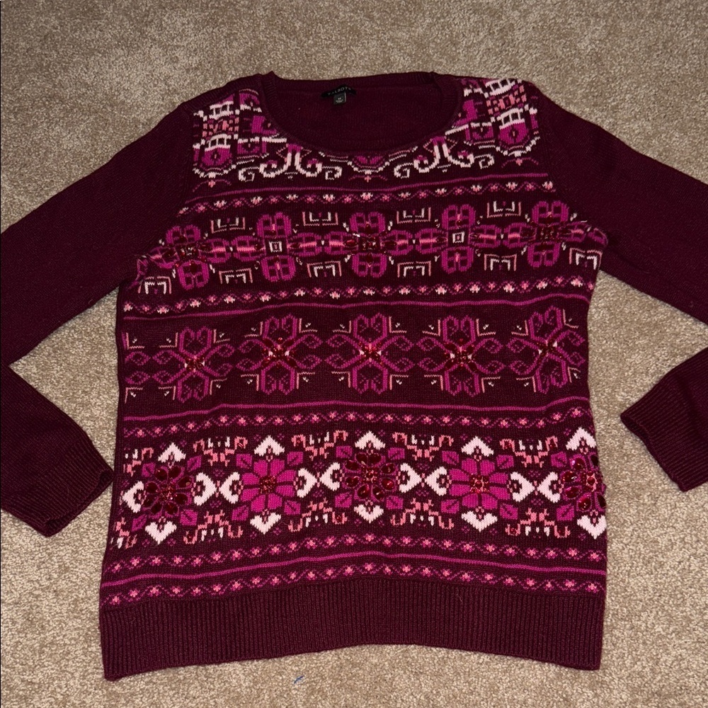 Talbots Burgundy and Pink Holiday Patterned Lambswool Sweater - Medium. B9